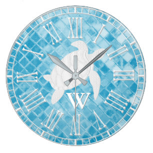 Grande Horloge Ronde Tortue de mer Bleu Monogramme de verre de mer