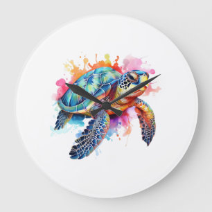 Grande Horloge Ronde Tortue de mer en aquarelle colorée