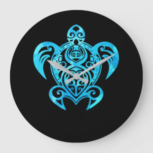 Grande Horloge Ronde Tortue de mer Hawaïenne de la tribu bleu océaniq