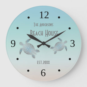Grande Horloge Ronde Tortues Argentées Maison de Plage Nom de Famille C