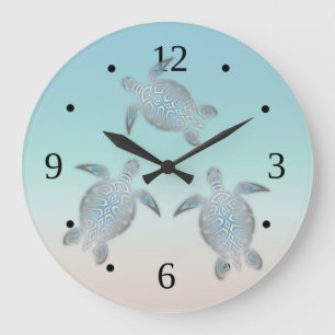 Grande Horloge Ronde Tortues Argentées Turquoise Maritime Moderne
