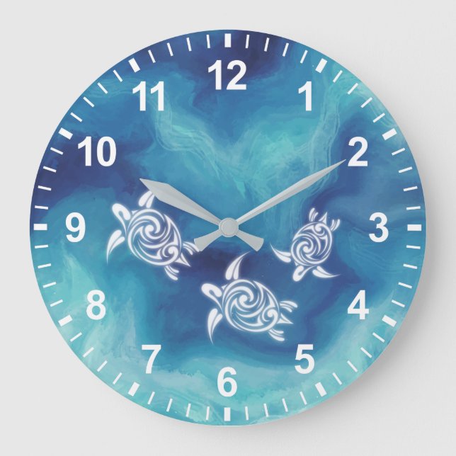 Grande Horloge Ronde Tortues blanches dans l'aquarelle de l'océan bleu (Recto)