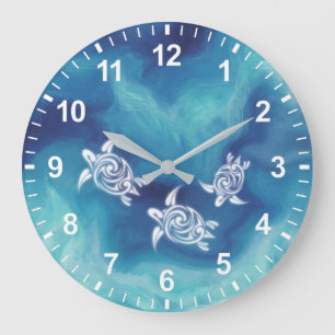 Grande Horloge Ronde Tortues blanches dans l'Océan bleu Aquarelle