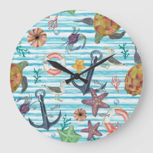 Grande Horloge Ronde Tortues nautiques Seagul Starfish Motif