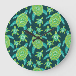 Grande Horloge Ronde Tortues ornementales vertes : motif vintage.