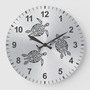 Grande Horloge Ronde Tortues Tatouage Tribal Animal Noir