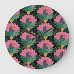 Grande Horloge Ronde Toucans & ananas Tropical Art Déco