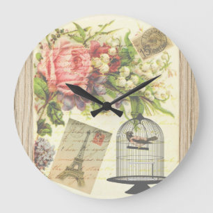 Grande Horloge Ronde Tour Eiffel floral de Paris de Français d'oiseau