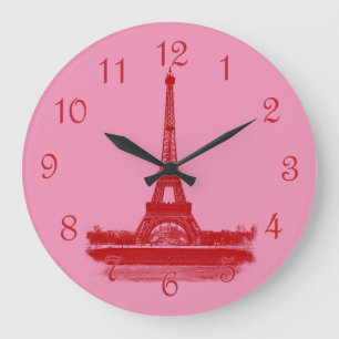Grande Horloge Ronde Tour Eiffel Rouge Et Rose