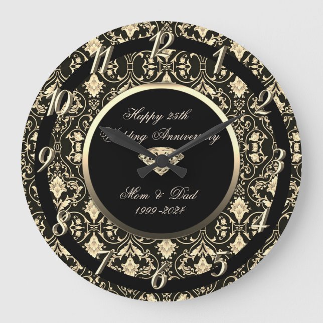 Grande Horloge Ronde Tourbillons de diamants floraux noirs 25e mariage  (Recto)