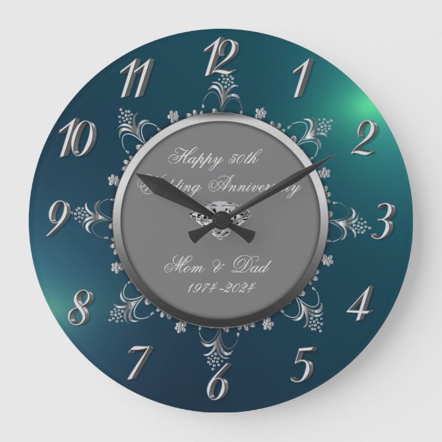 Grande Horloge Ronde Tourbillons Floraux Argentés,Vert  Anniversaire de (Recto)