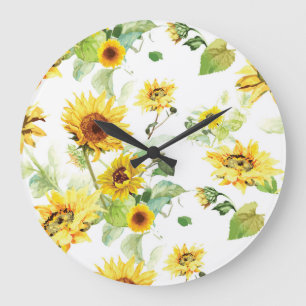 Grande Horloge Ronde Tournesol à l'aquarelle