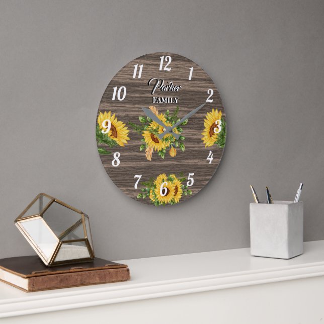 Grande Horloge Ronde Tournesol, Cuisine de campagne, Bois rustique, Nom (Bureau)
