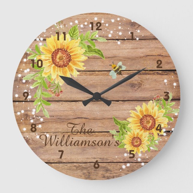 Grande Horloge Ronde Tournesol jaune floral rustique Personnalisé (Recto)