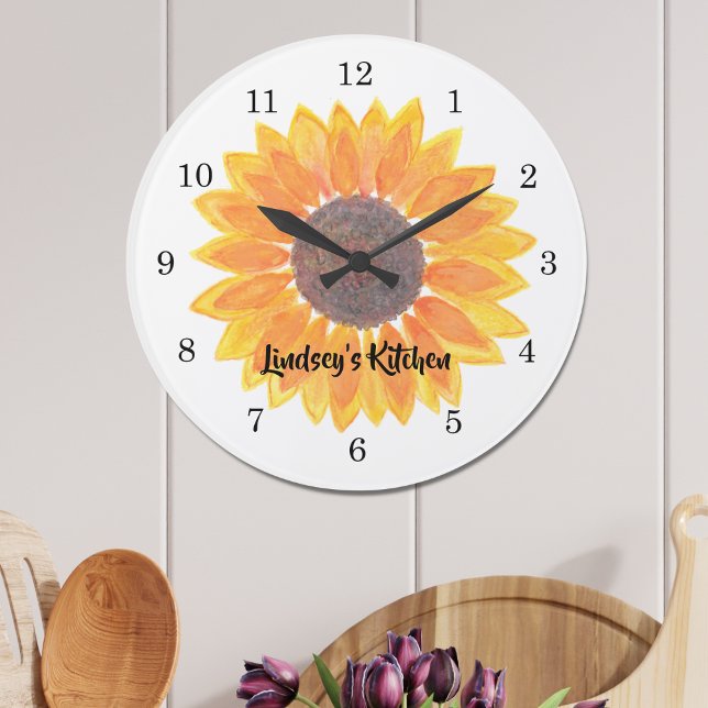 Grande Horloge Ronde Tournesol jaune personnalisé (Créateur téléchargé)