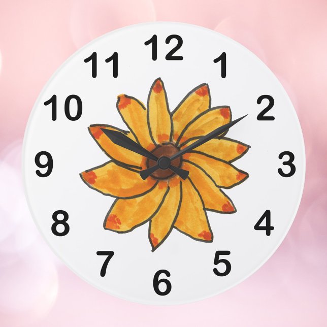 Grande Horloge Ronde Tournesol Main Tiré Jaune (A clock with a picture of a hand drawn sunflower along with black numbers)