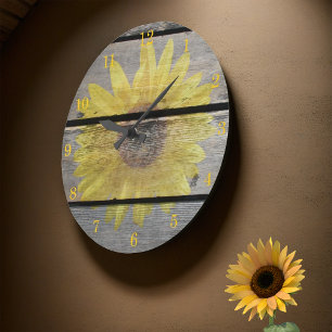 Grande Horloge Ronde Tournesol Rustique Sur Bois
