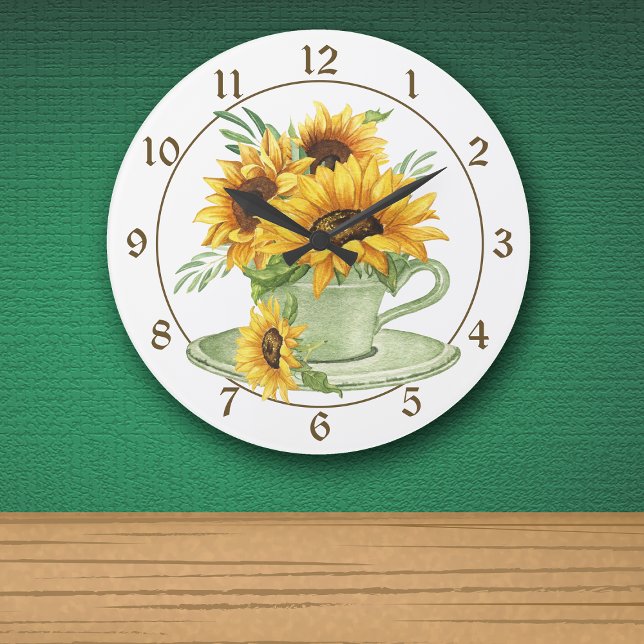 Grande Horloge Ronde Tournesols en coupe de café et soucoupe (Créateur téléchargé)