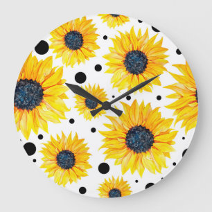 Grande Horloge Ronde Tournesols jaunes sur fond blanc motif