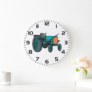 Grande Horloge Ronde Tracteur Bleu Vintage Vie de Ferme