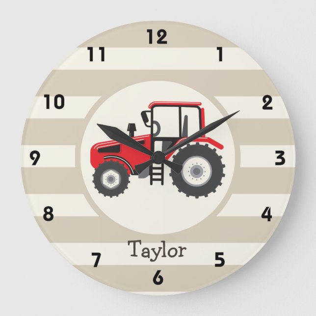 Grande Horloge Ronde Tracteur Red Farm sur Tan Stripes (Recto)