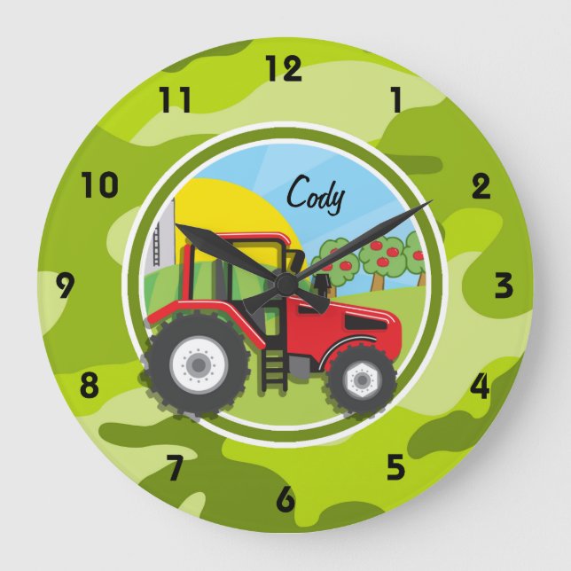 Grande Horloge Ronde Tracteur rouge; camo vert vif, camouflage (Recto)
