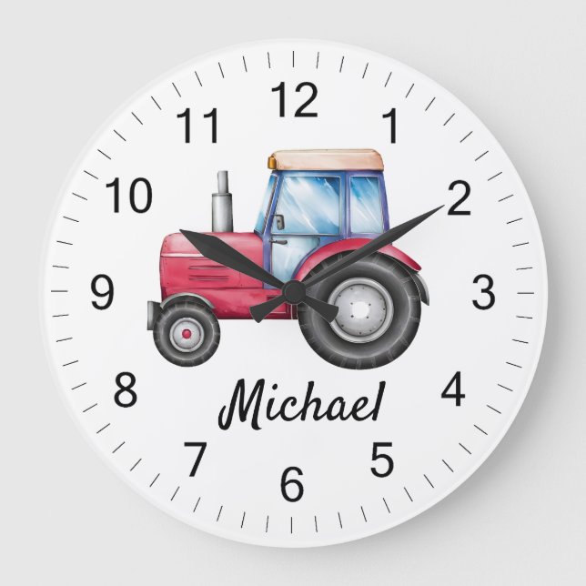 Grande Horloge Ronde Tracteur rouge mignon personnalisé ferme Aquarelle (Recto)
