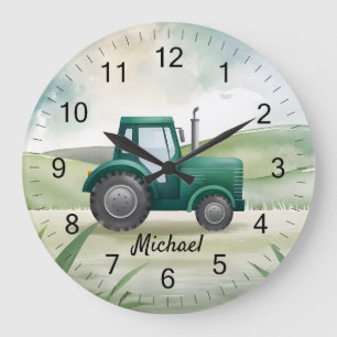 Grande Horloge Ronde Tracteur vert personnalisé ferme aquarelle enfants