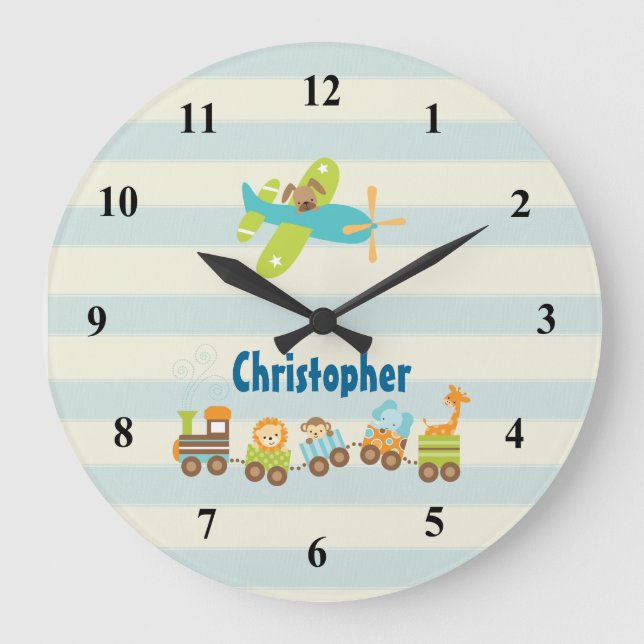 Grande Horloge Ronde Train de jouet d'animal et avion sur des rayures (Recto)
