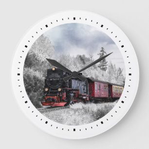Grande Horloge Ronde Train vintage traversant le paysage hivernal