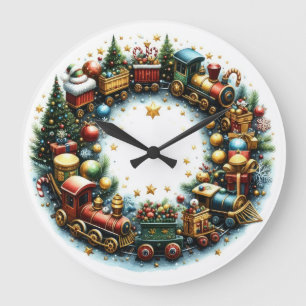 Grande Horloge Ronde Trains d'aquarelle à Noël blanc