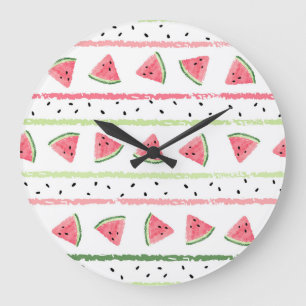 Grande Horloge Ronde Tranches de pastèque : Aquarelle rayée sans fil
