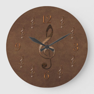 Grande Horloge Ronde Treble Clef Music-themed Faux Leather Wall Clock