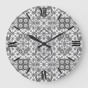 Grande Horloge Ronde Tribal Batik - gris / gris, noir et blanc