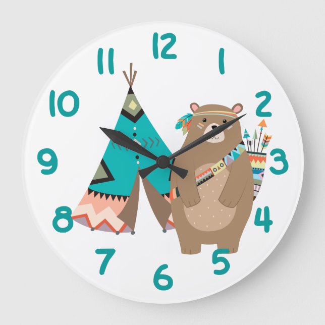 Grande Horloge Ronde Tribal Bear et Tipi Teal Number (Recto)