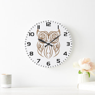 Grande Horloge Ronde Tribal Owl Line Art moderne Brown Abstrait
