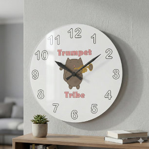 Grande Horloge Ronde Tribu Trompette Chat Lettres Roses