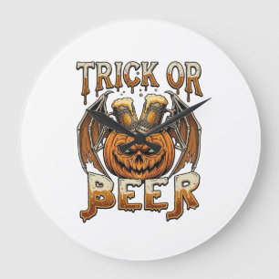 Grande Horloge Ronde Trick Or Beer Halloween Citrouille Squelette Ailes