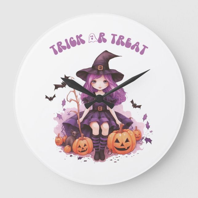 Grande Horloge Ronde Trick ou traiter la sorcière violette Citrouilles  (Recto)