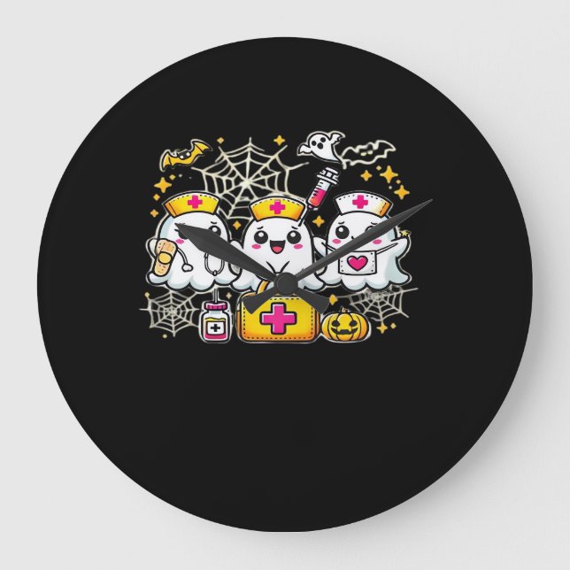 Grande Horloge Ronde Trio d'infirmière fantôme d'Halloween mignonne ave (Recto)