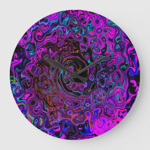 Grande Horloge Ronde Trippy Black et Magenta Retro Liquid Swirl