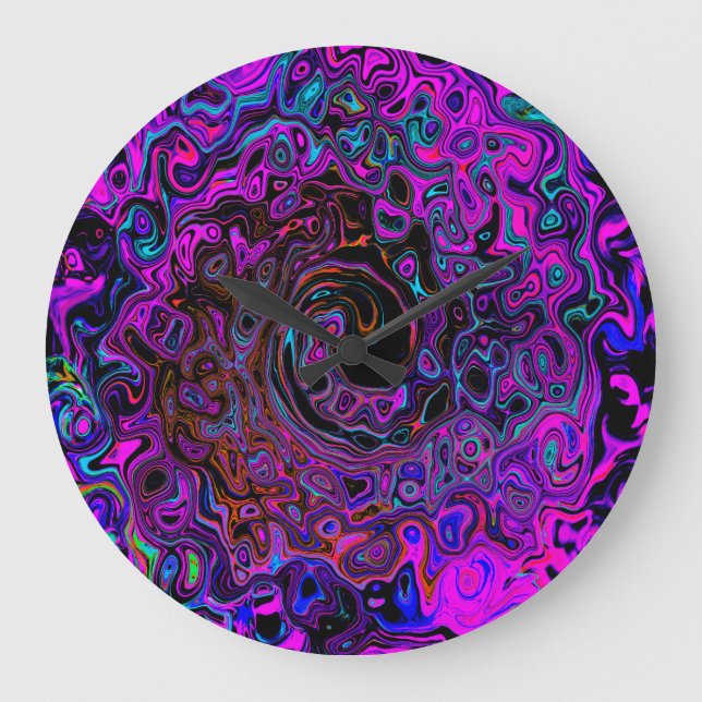 Grande Horloge Ronde Trippy Black et Magenta Retro Liquid Swirl (Recto)