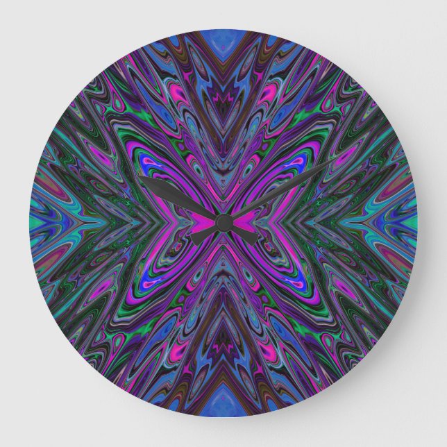 Grande Horloge Ronde Trippy Magenta, Bleu et Vert Papillon Abstrait (Recto)