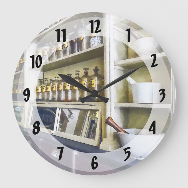 Grande Horloge Ronde Trois mortiers et pilons en pharmacie (Recto)