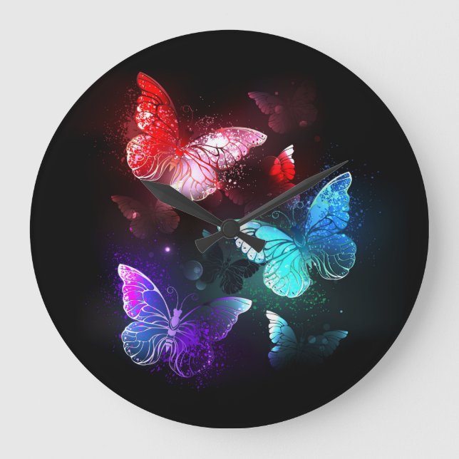 Grande Horloge Ronde Trois papillons lumineux sur fond de nuit (Recto)
