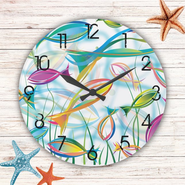 Grande Horloge Ronde Tropcal Fish Blue Orange Mode Illustration (Créateur téléchargé)