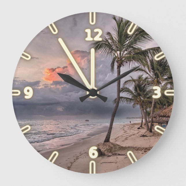 Grande Horloge Ronde Tropical Beach, Sand Ocean Sky Palm, Sunset (Recto)