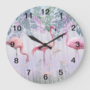 Grande Horloge Ronde Tropical Cute Family Flamants roses roses
