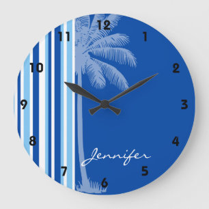 Grande Horloge Ronde Tropical Palm; Blue & White Stripes