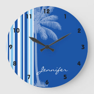 Grande Horloge Ronde Tropical Palm; Blue & White Stripes